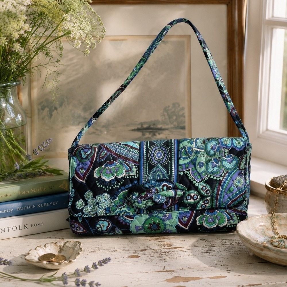 Vera Bradley Night Owl Quilted Cotton Shoulder Bag Blue Green Paisley Flap Bag